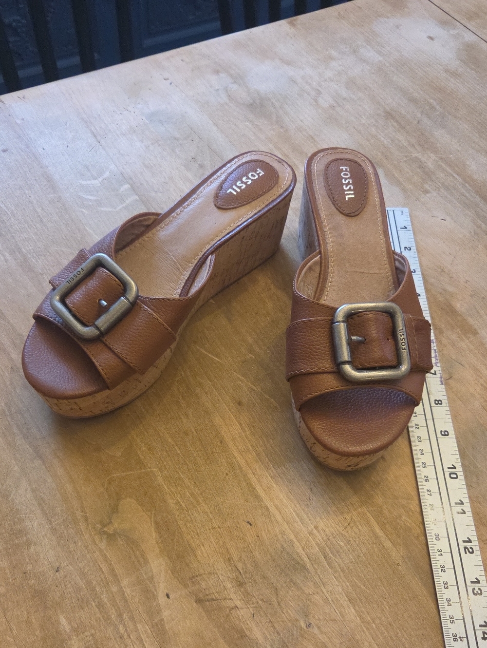 Fossil Tan Leather Cork Wedge Slide Sandals with Buckle